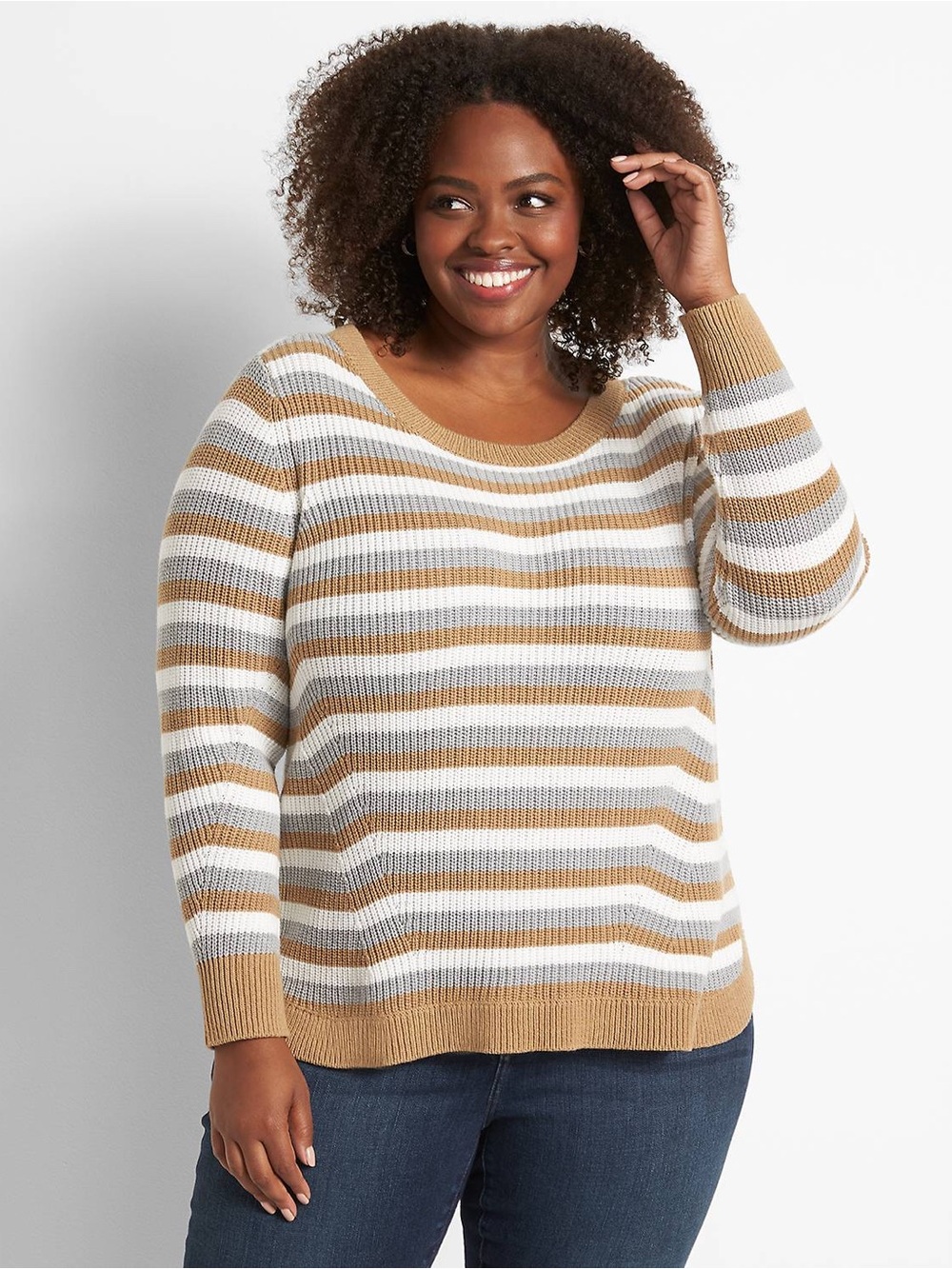 Lane Bryant Curved-Hem Ribbed Striped Sweater in Camel Heather Size 14/16